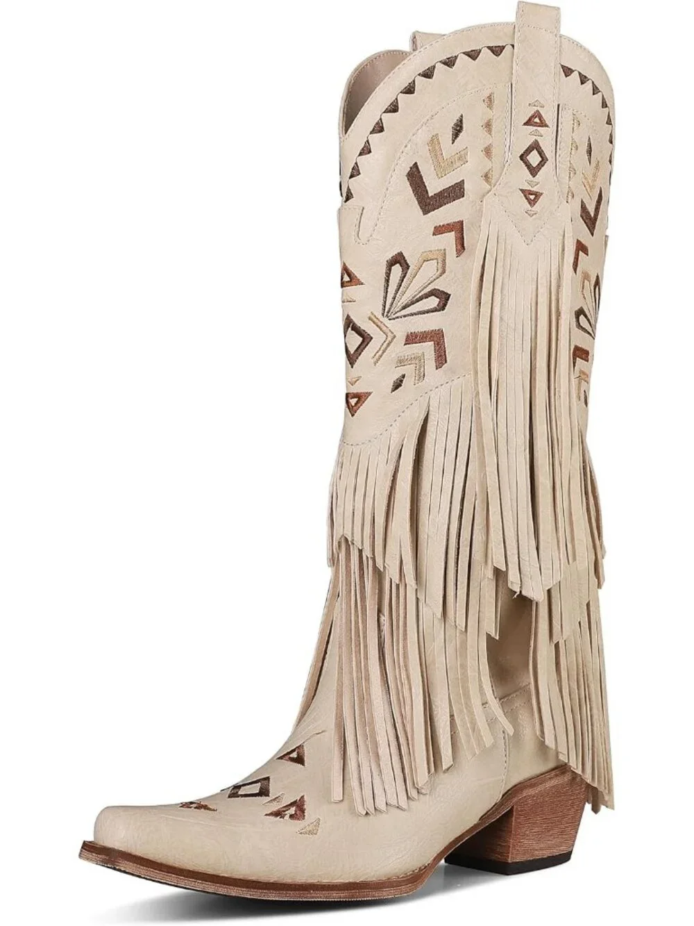 Women's Beige Cowgirl Knee High Fringe Boots Rubber Fleece Microfiber